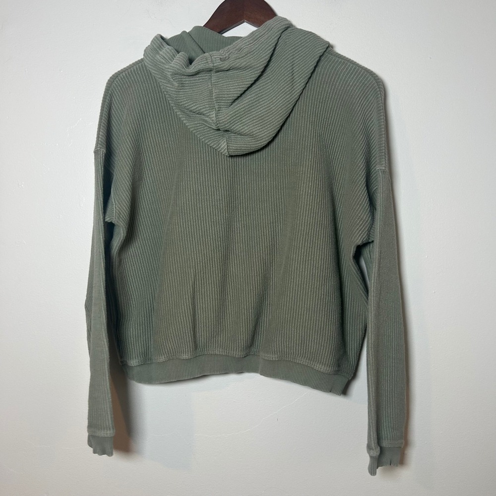 EUC Aerie Ribbed Knit Hoodie Womens S Olive Green Cropped Long Sleeve Cotton - Picture 2 of 4
